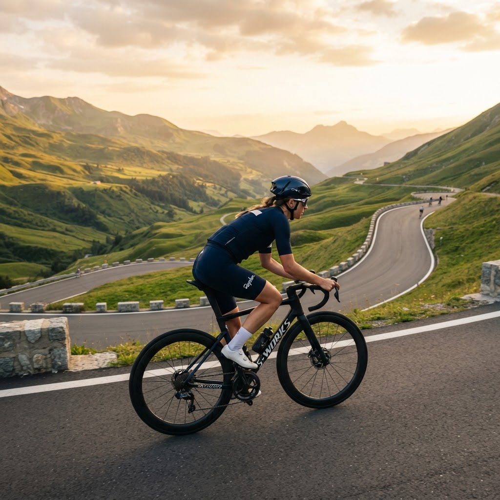 Cyclist riding a mountain road at golden hour