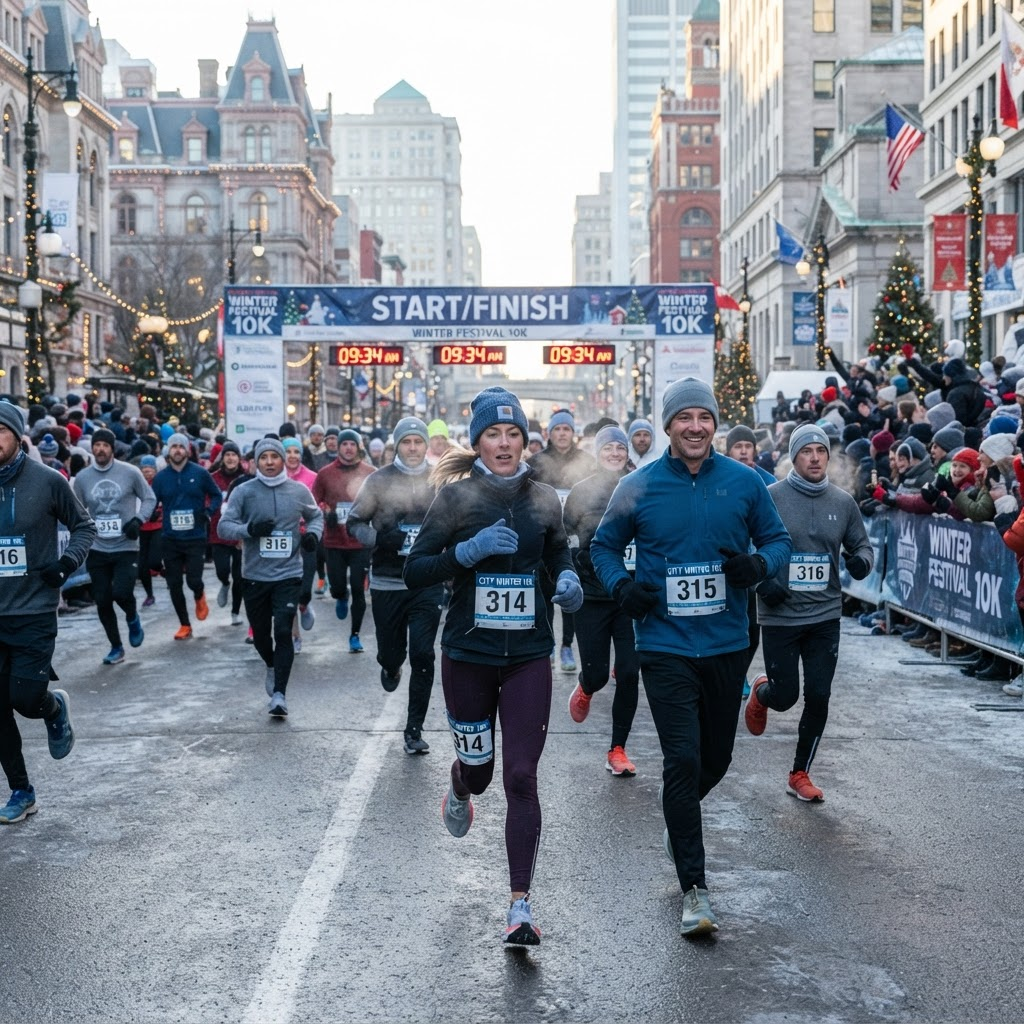 Bundled-up road runners racing together on a cool winter morning