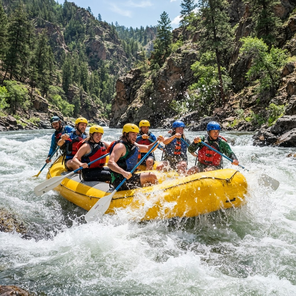 A raft team paddling through whitewater rapids on a river