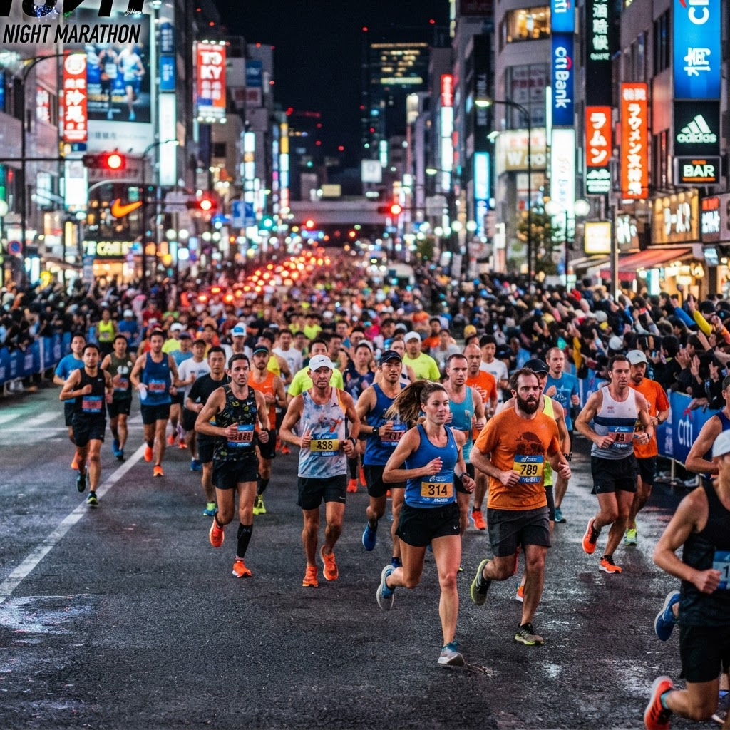 Road runners racing through a brightly lit city at night