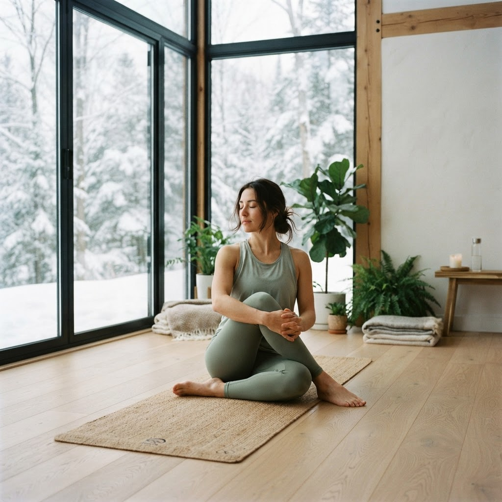 Person stretching in a bright studio overlooking a snowy landscape