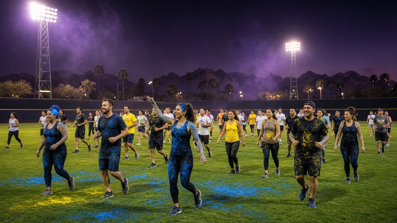 Adult runners in neon powder crossing a desert ballpark outfield after dark