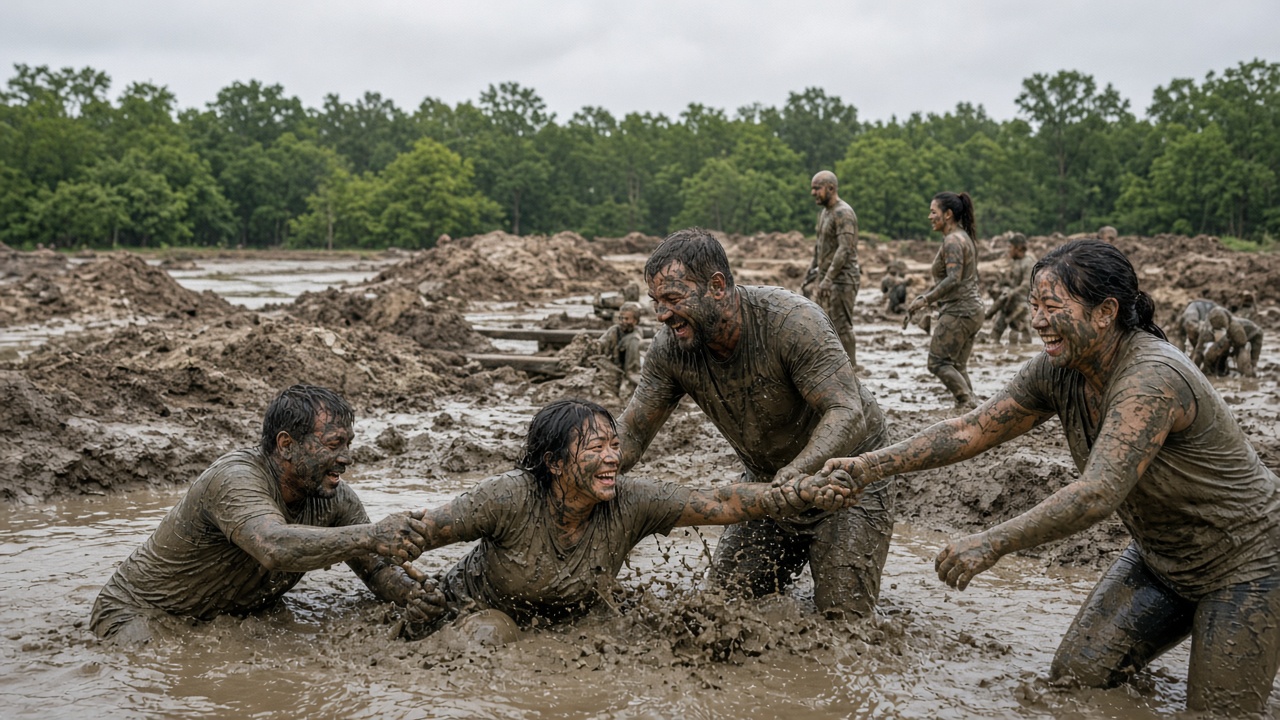 Adults hauling themselves out of a mud pit at a flat Gulf Coast obstacle course