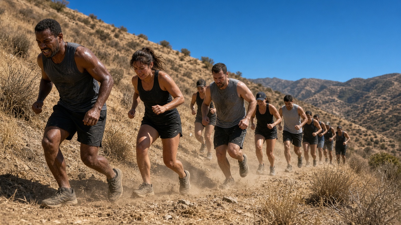Adult racers on a dusty Southern California hillside under hard sun