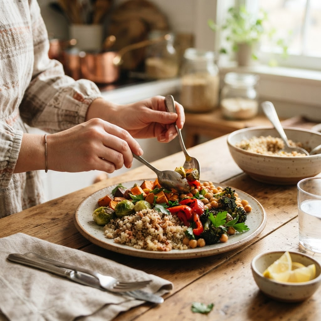 Healthy prepared dinner plate with fresh vegetables and grains