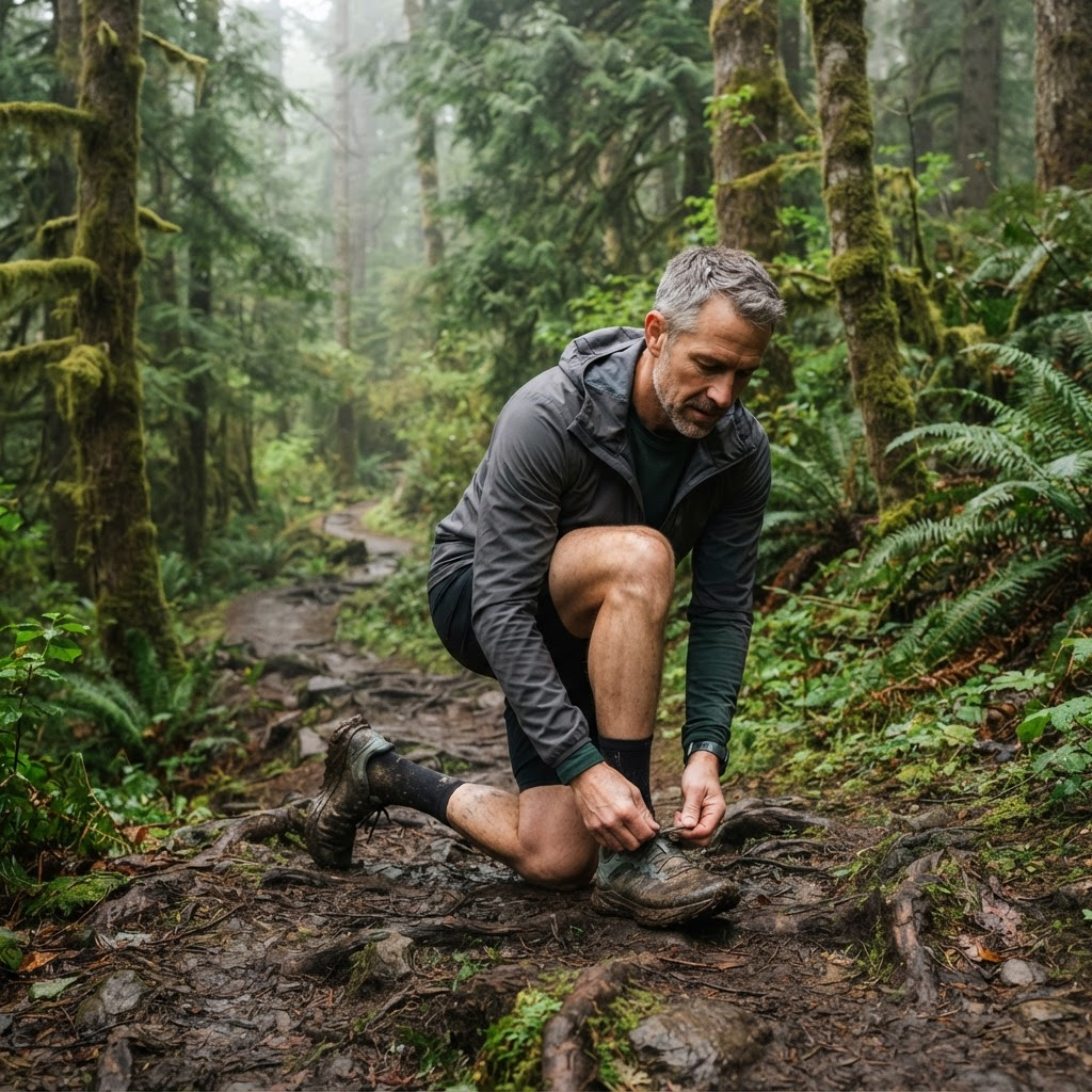 Male runner lacing cushioned shoes on a forest trail