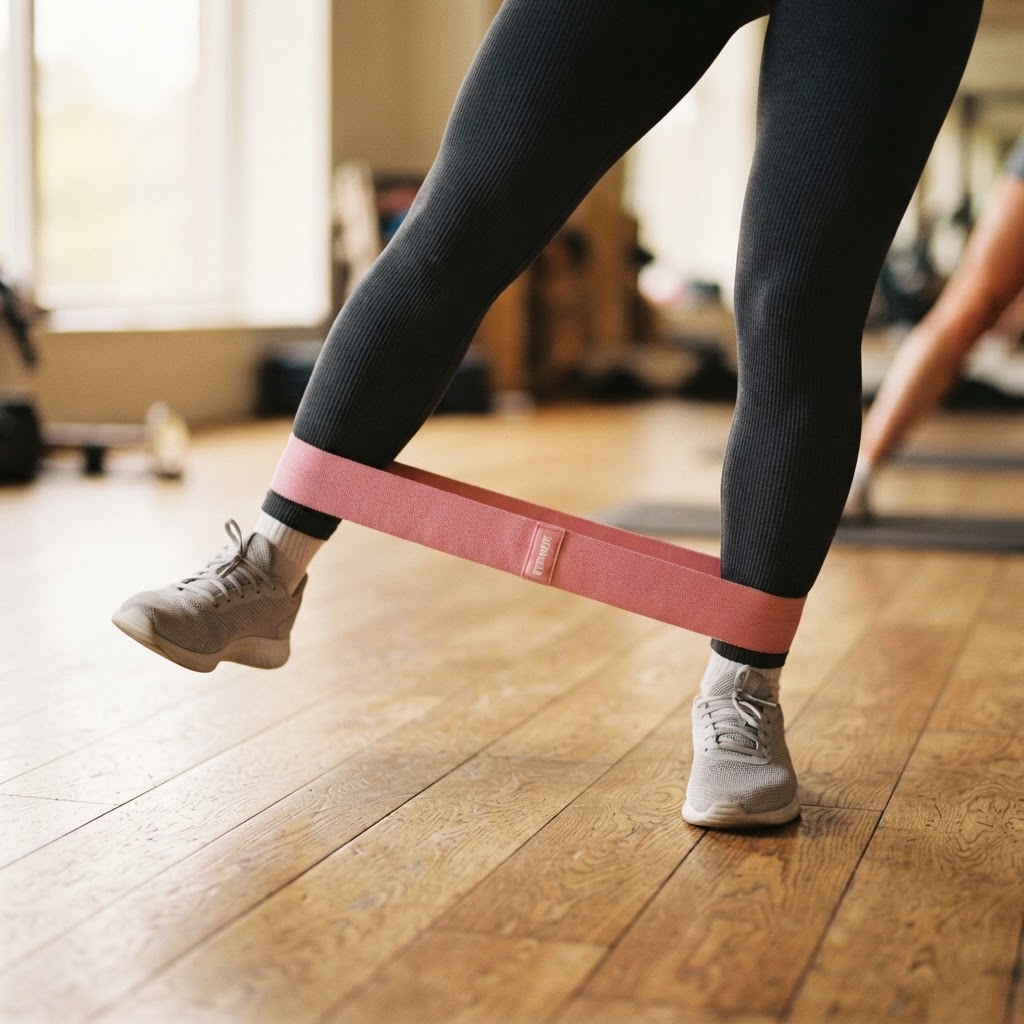 Resistance band exercise for ankle strength on a wood gym floor