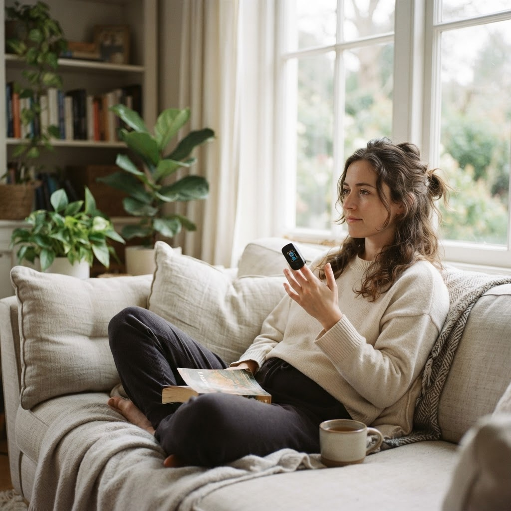 Person relaxing on a couch near a window with a pulse oximeter clipped to a fingertip