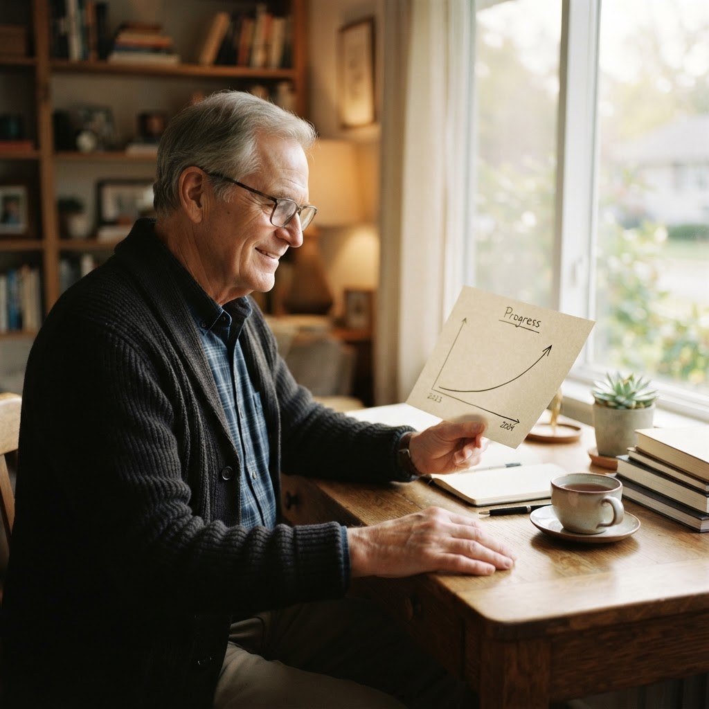 Older adult reviewing a simple printed trend chart at a home desk with a cup of tea nearby