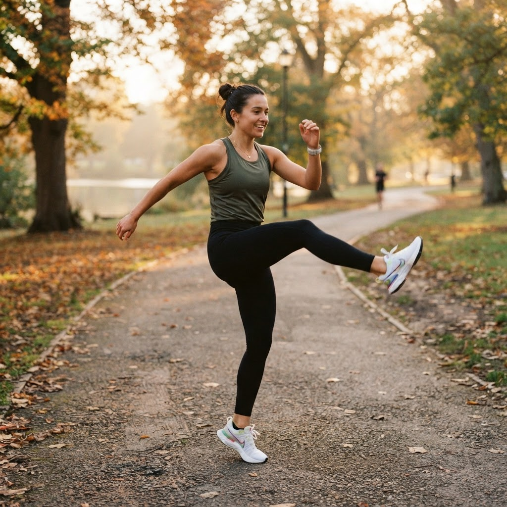 Person doing a dynamic leg-swing warm-up outdoors