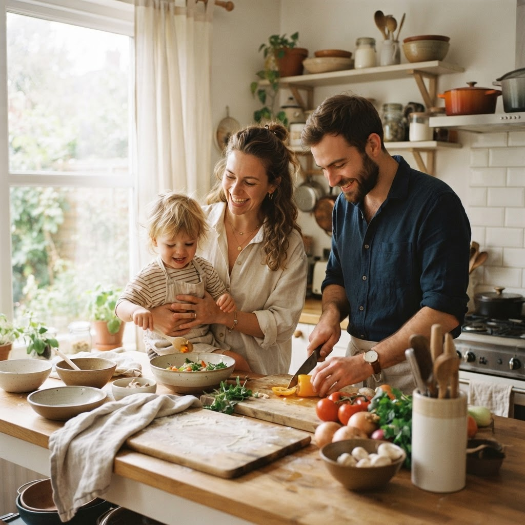 Family cooking together in a sunlit kitchen on a weekend morning