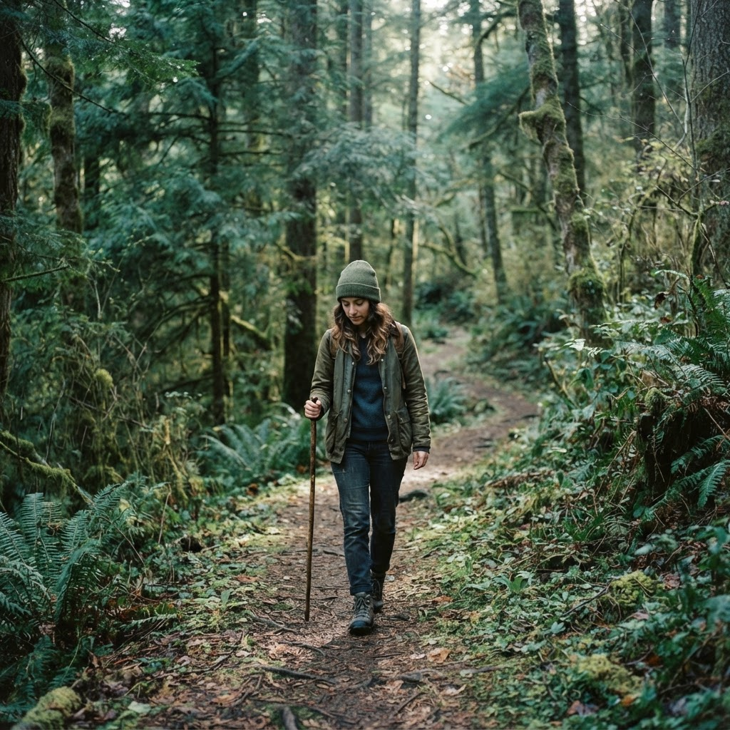 Person walking alone on a quiet forest path
