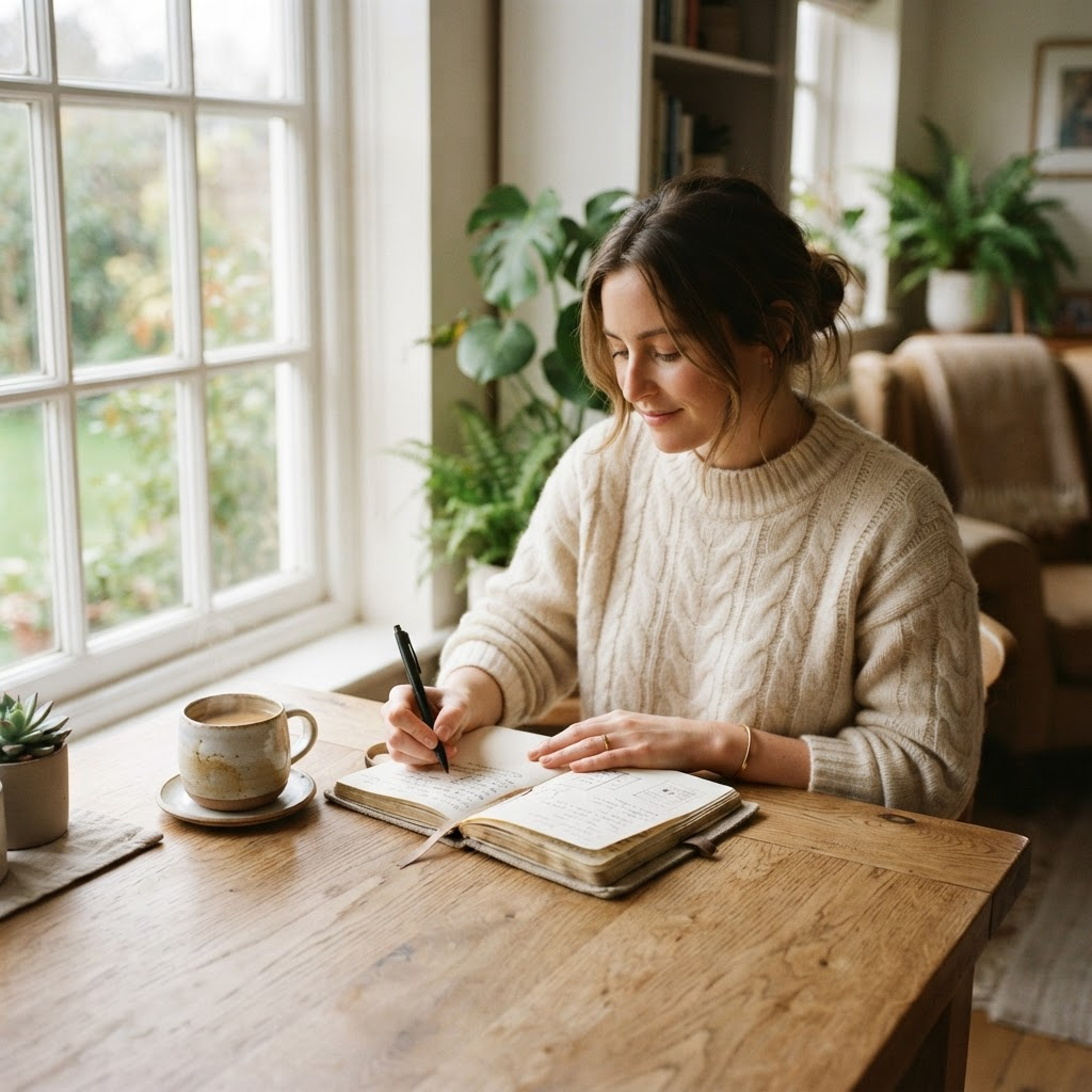 Person journaling with a cup of coffee near a window