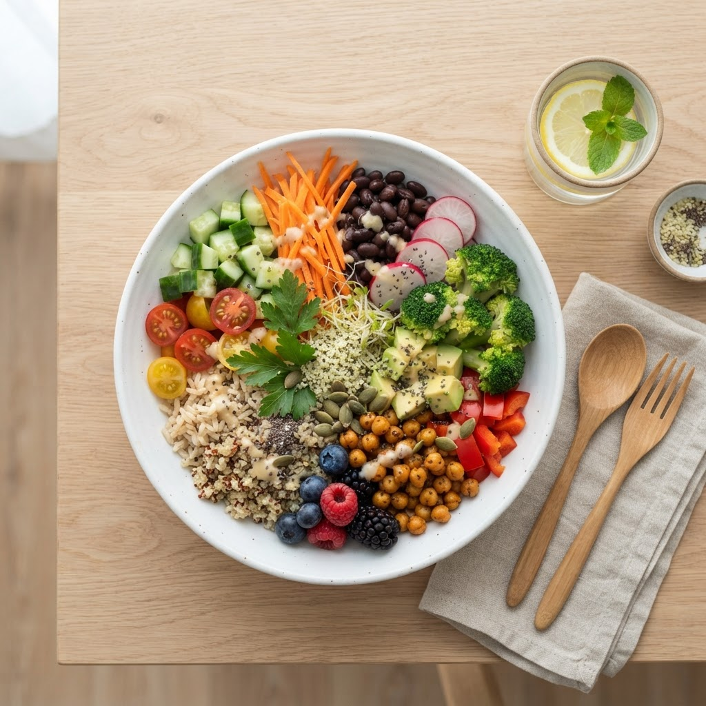Bowl of colorful vegetables, grains, and legumes
