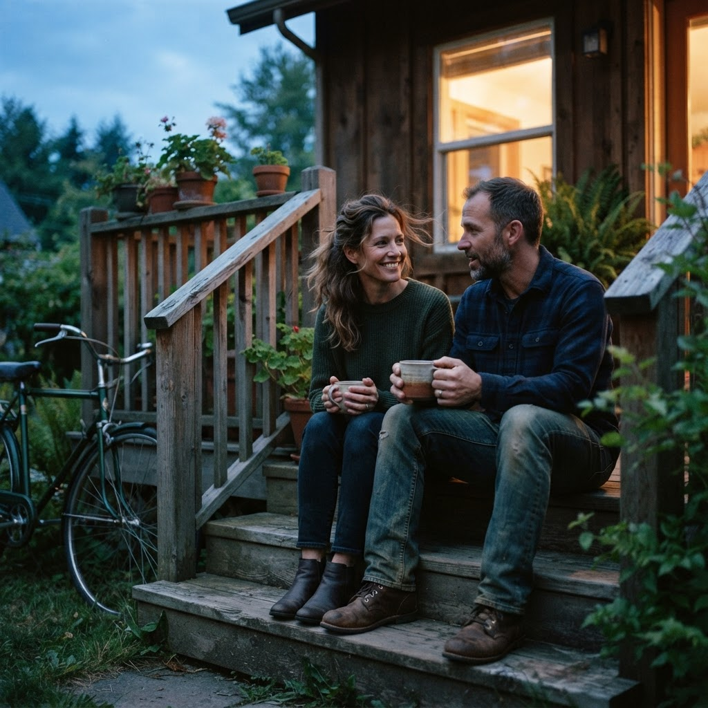 Couple sitting together on back-porch steps with coffee at dusk