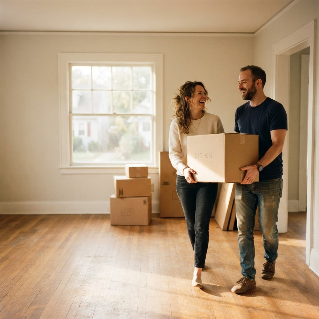 Couple carrying moving boxes into a sunlit room of a first home